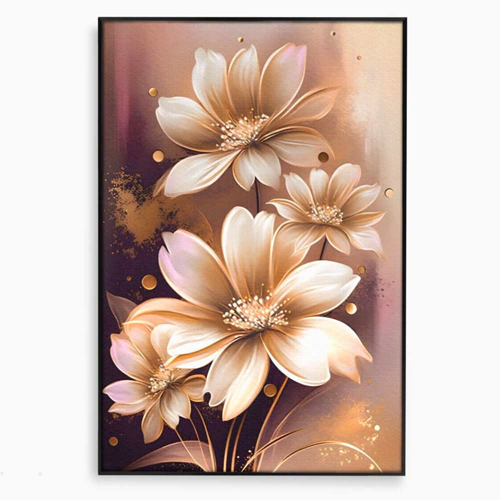 Tablou canvas cu tablou canvas cu flori aurii pe fond maro, in rama de aluminiu negru